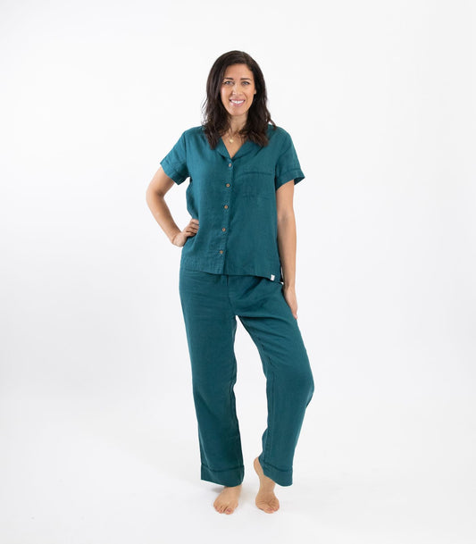 Bhumi Organic Cotton - Linen Short Sleeve PJ Set - Peacock Green