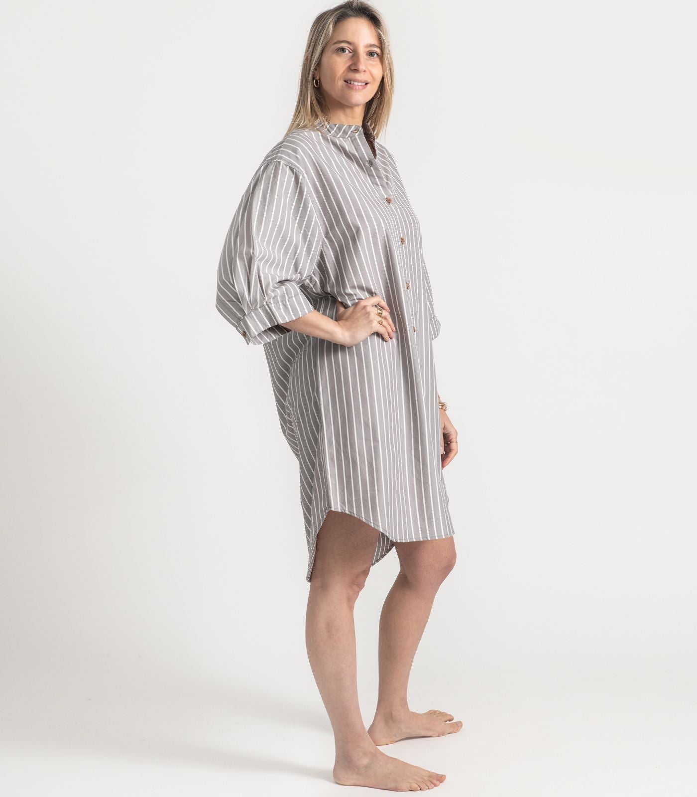 Bhumi Organic Cotton - Percale Night Shirt - Pinstripe - Silver Grey