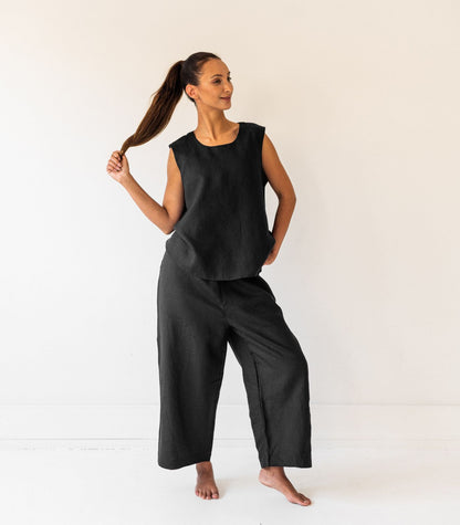 Organic Linen Sleeveless Lounge Shirt - Black