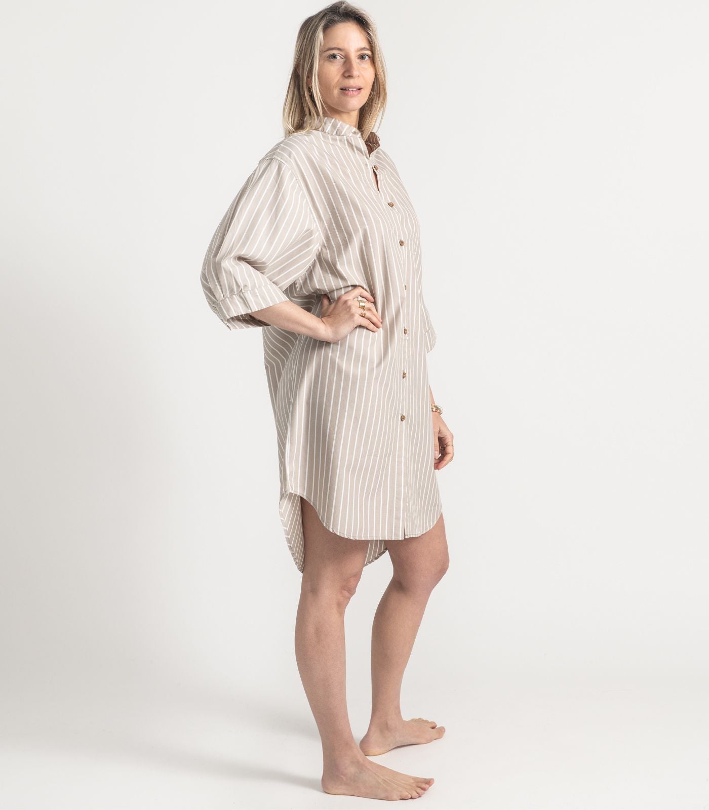 Bhumi Organic Cotton - Percale Night Shirt - Pinstripe - Golden Taupe