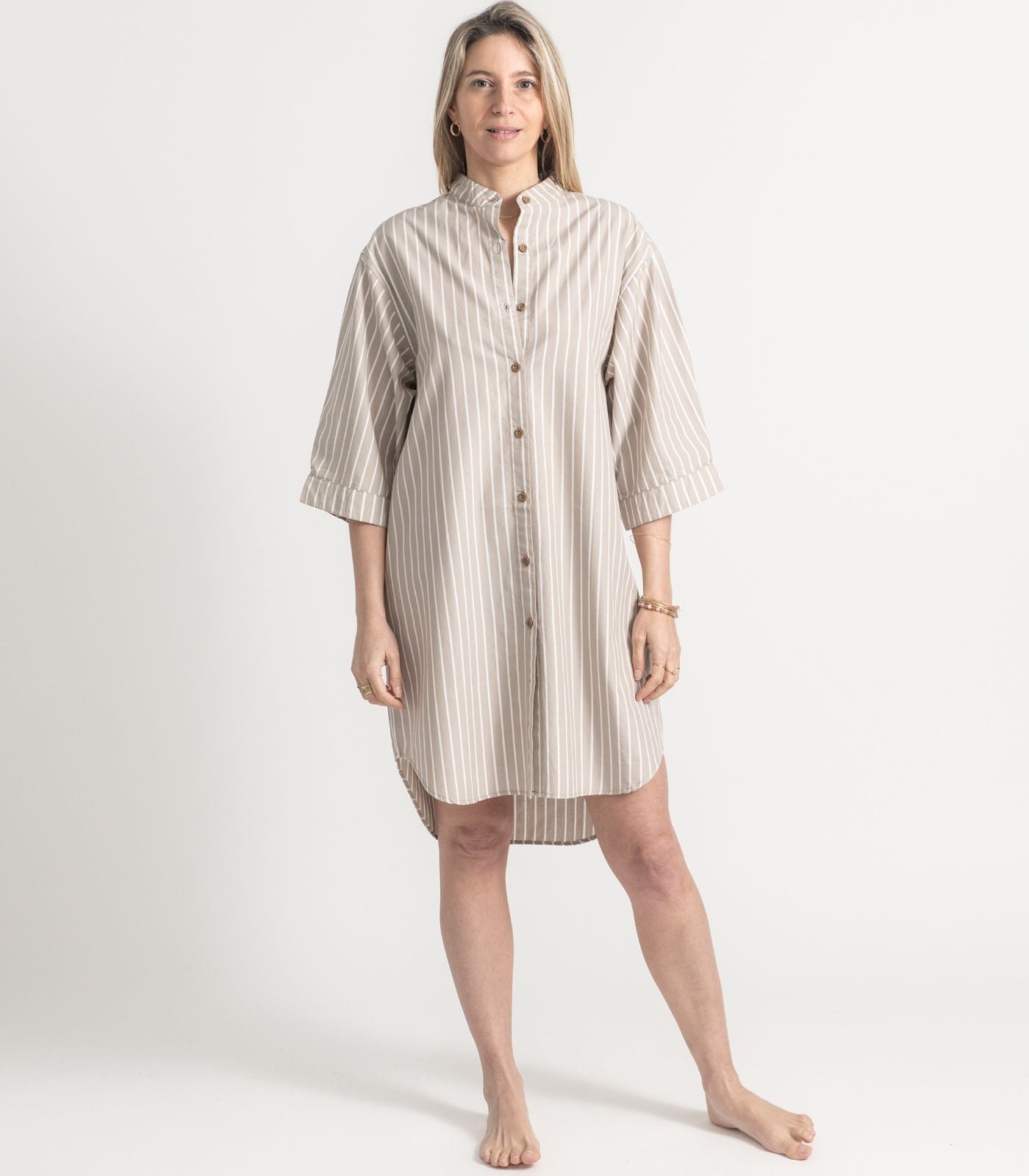 Bhumi Organic Cotton - Percale Night Shirt - Pinstripe - Golden Taupe