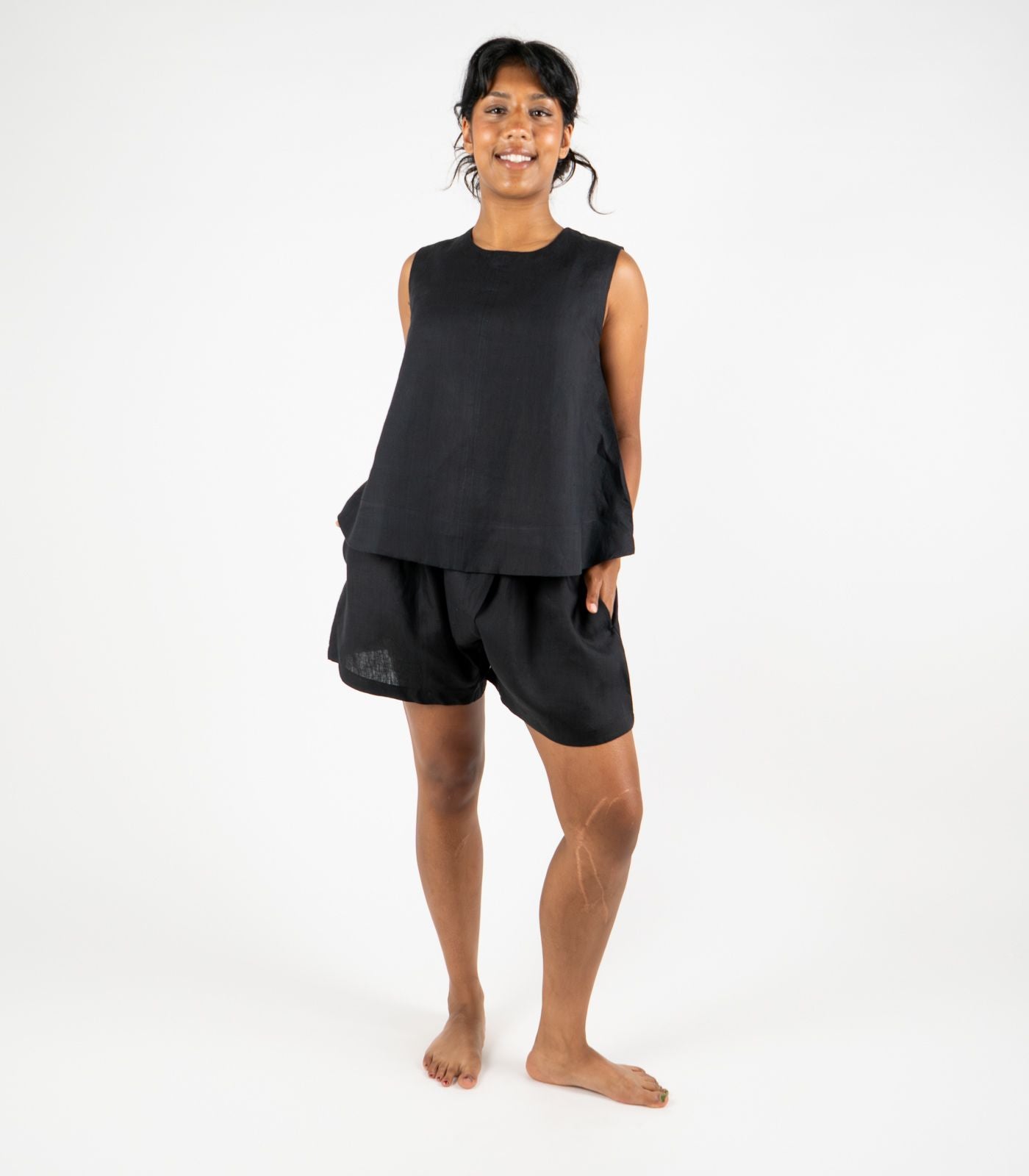 Organic Linen Sleeveless Lounge Shirt - Black