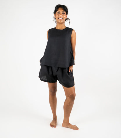 Organic Linen Sleeveless Lounge Shirt - Black