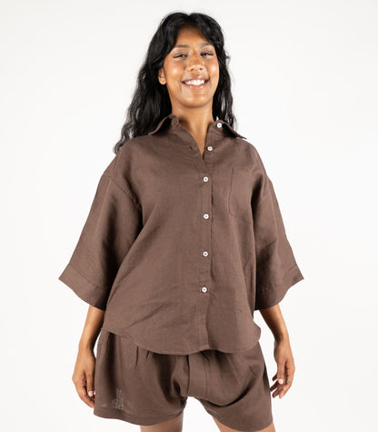 Organic Linen Lounge Shirt - Chocolate