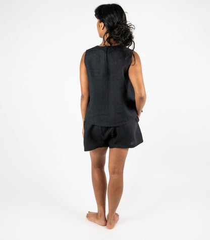 Organic Linen Sleeveless Lounge Shirt - Black