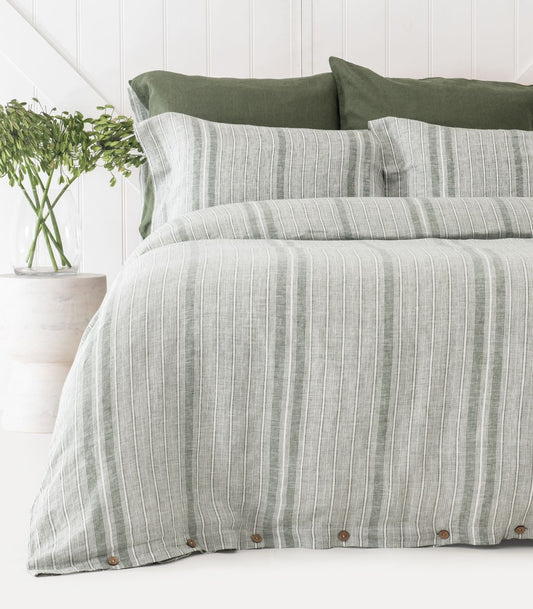 Bhumi Organic Cotton - Linen Plain Quilt Cover Set - Bronze Green Stripe