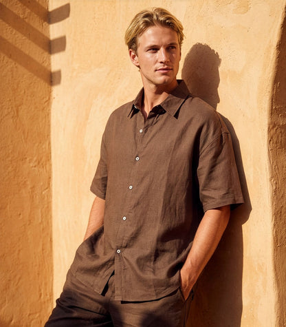 Men's Organic Linen Lounge Shirt - Chocolate