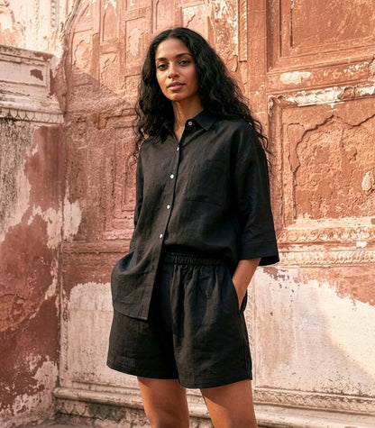 Organic Linen Lounge Shirt - Black