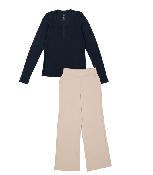 Ribbed Long Sleeve Button Top & Wide Leg Lounge Pant Pack