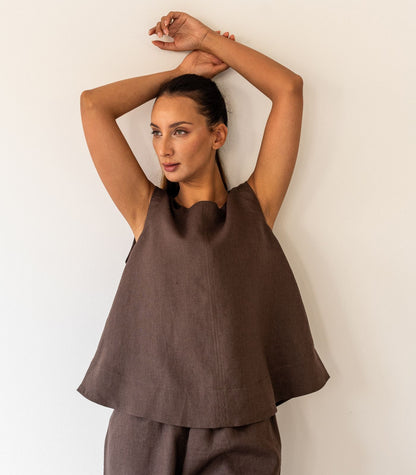 Organic Linen Sleeveless Lounge Shirt - Chocolate