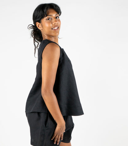 Organic Linen Sleeveless Lounge Shirt - Black