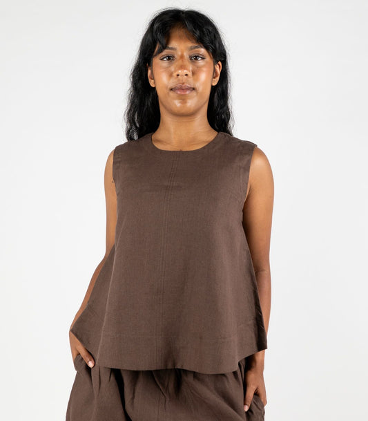 Organic Linen Sleeveless Lounge Shirt - Chocolate