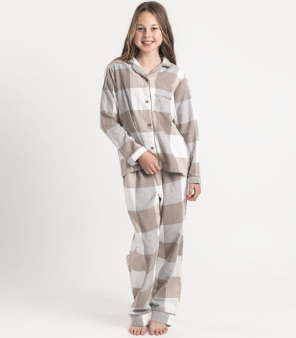 Bhumi Organic Cotton - Kids Flannelette Long PJ Set - Check - Golden Taupe Check