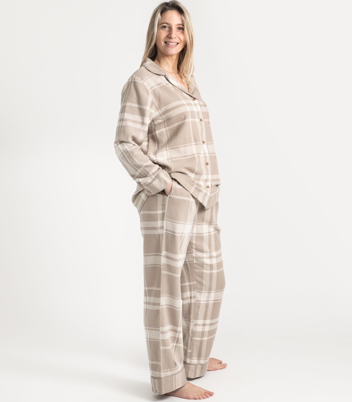 Bhumi Organic Cotton - Flannelette Long PJ Set - Plaid - Golden Taupe Plaid