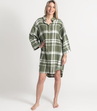 Bhumi Organic Cotton - Flannelette Night Shirt - Plaid - Bronze Green Plaid