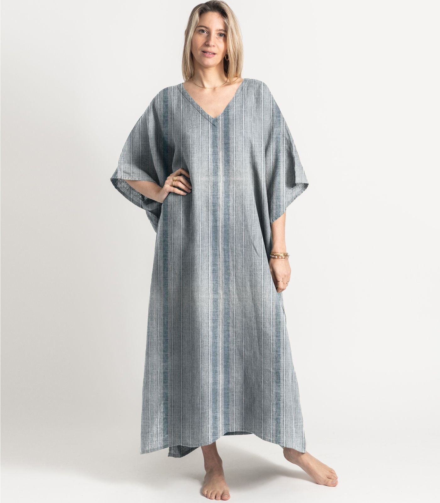 Bhumi Organic Cotton - Linen Kaftan - Indian Teal Stripe