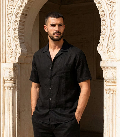 Men's Organic Linen Lounge Shirt - Black