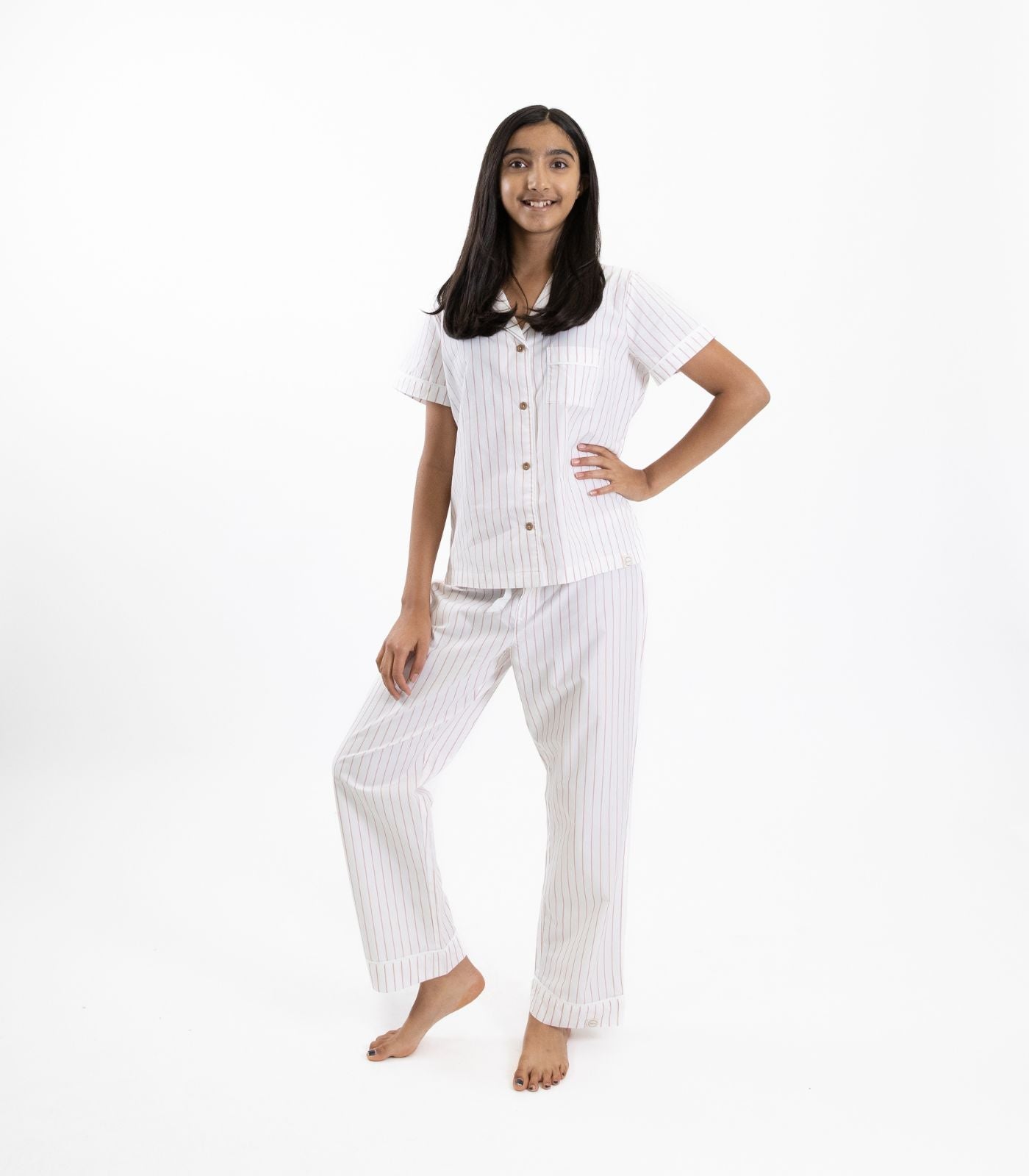 Bhumi Organic Cotton - Kids Sateen Short Sleeve PJ Set - Pinstripe -Saffron