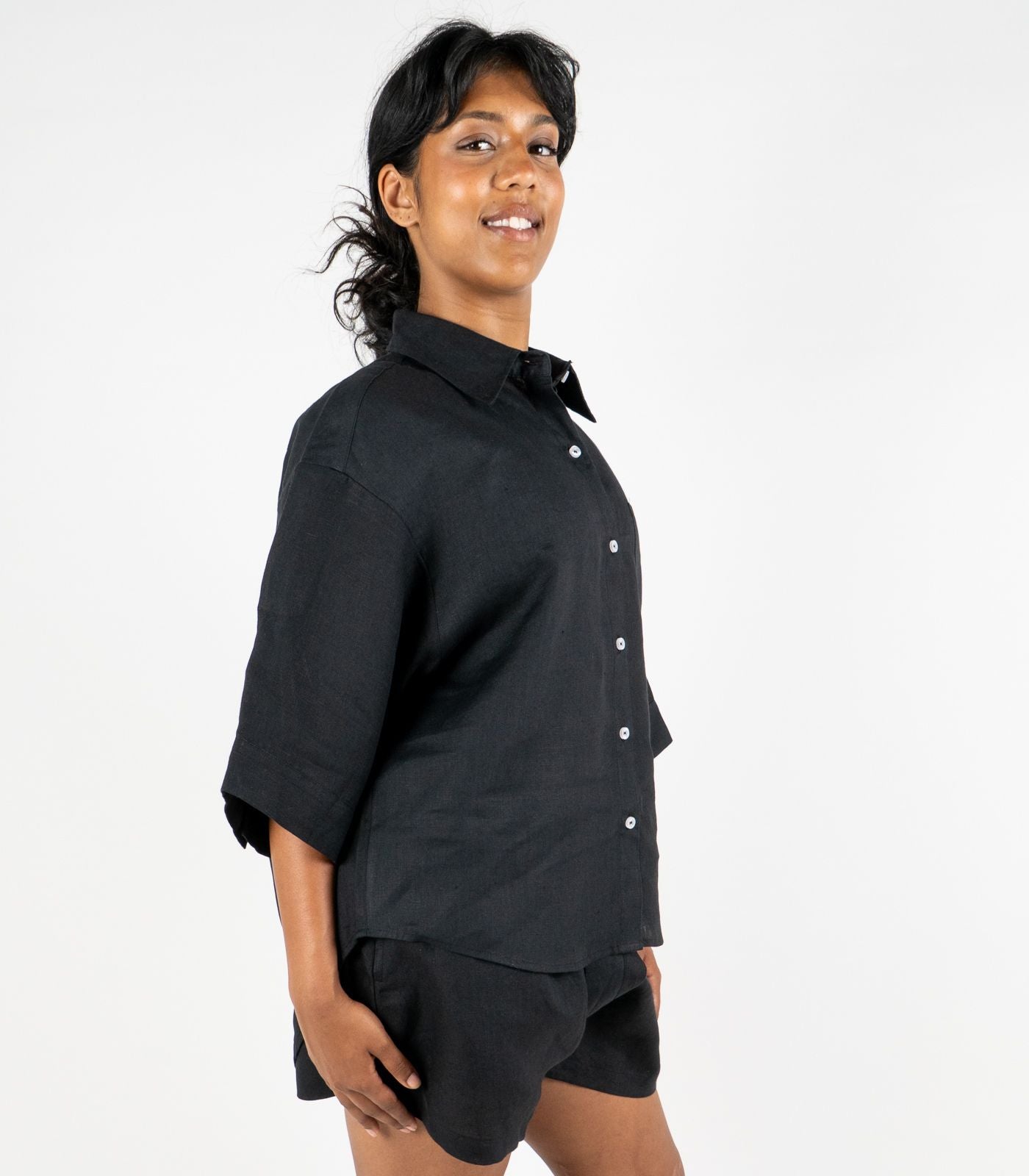 Organic Linen Lounge Shirt - Black