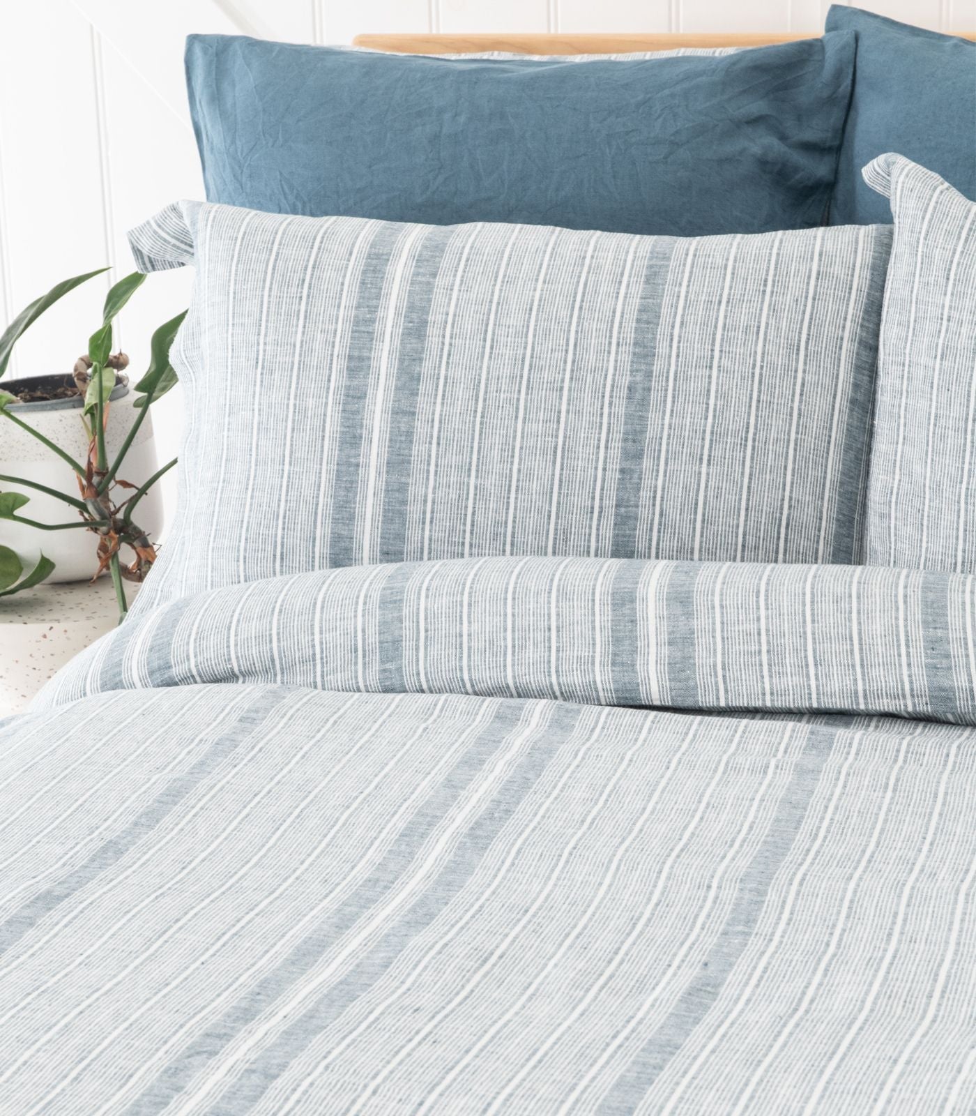 Bhumi Organic Cotton - Linen Plain Quilt Cover Set - Indian Teal Stripe