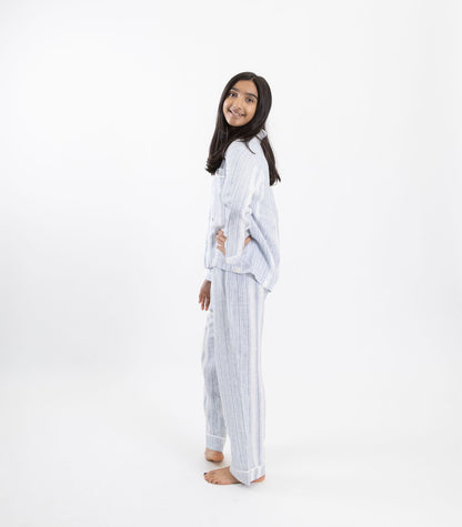 Bhumi Organic Cotton - Kids Linen Long PJ Set - Sapphire Blue Stripe