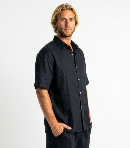 Men's Organic Linen Lounge Shirt - Black