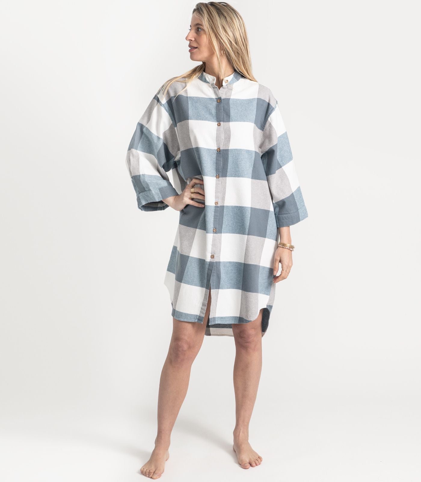 Bhumi Organic Cotton - Flannelette Night Shirt - Check - Powder Blue Check