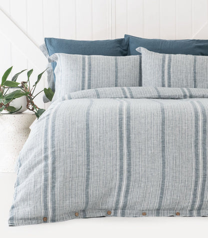 Bhumi Organic Cotton - Linen Plain Quilt Cover Set - Indian Teal Stripe