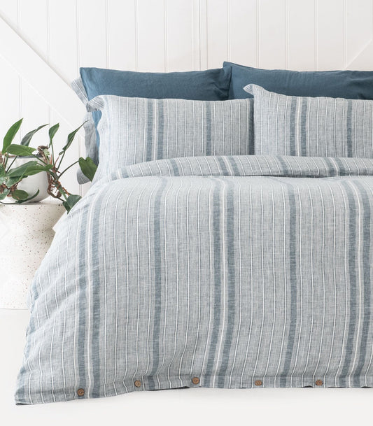 Bhumi Organic Cotton - Linen Plain Quilt Cover Set - Indian Teal Stripe