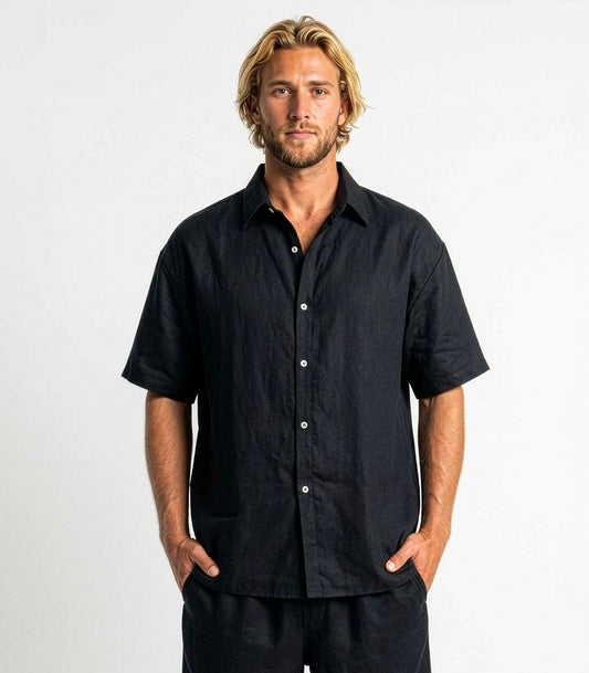 Men's Organic Linen Lounge Shirt - Black