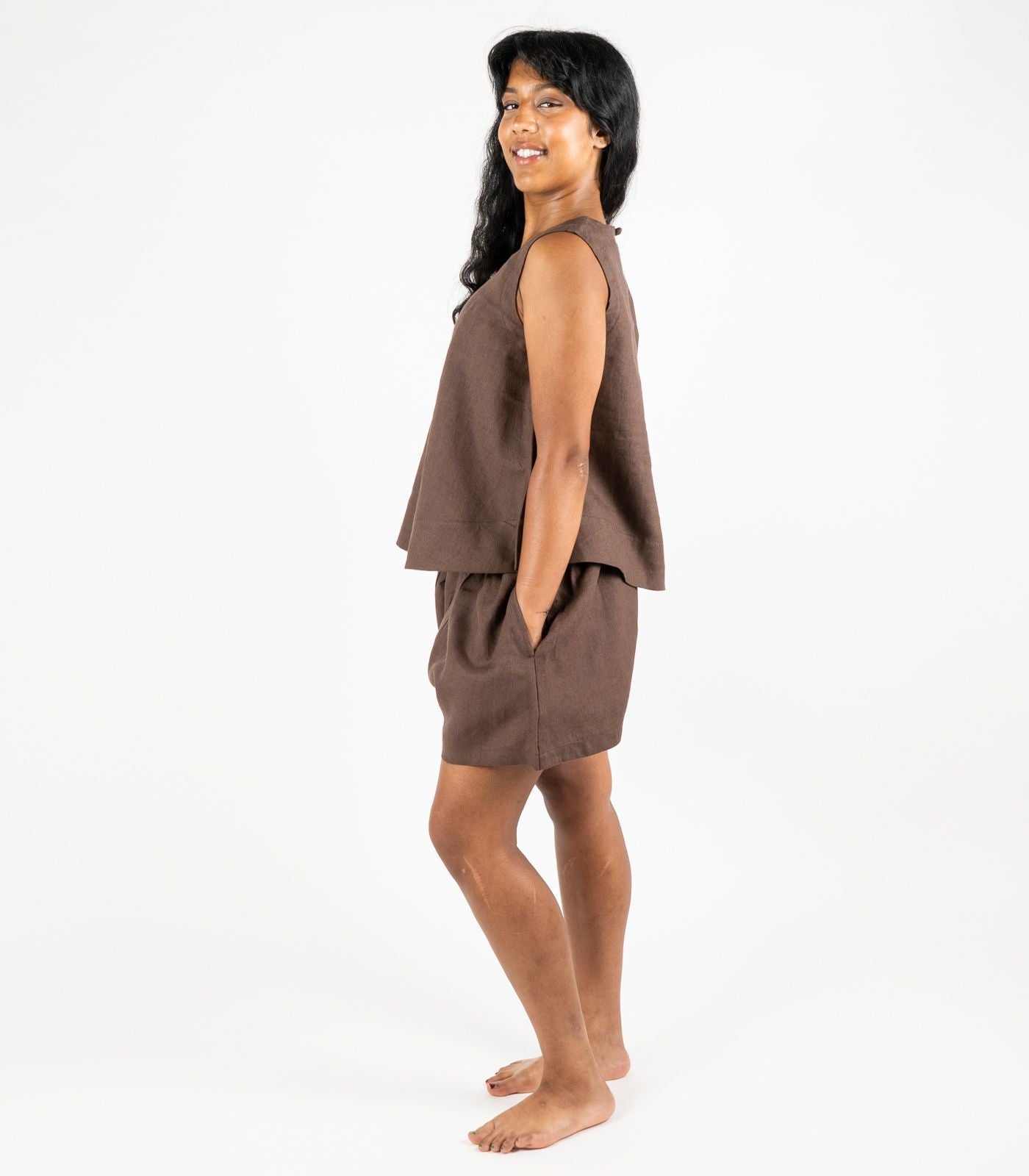 Organic Linen Sleeveless Lounge Shirt - Chocolate