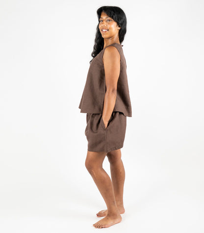 Organic Linen Sleeveless Lounge Shirt - Chocolate