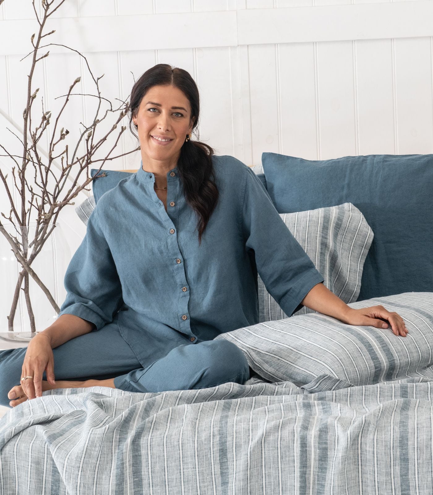 Bhumi Organic Cotton - Linen Sheet Set - Indian Teal Stripe