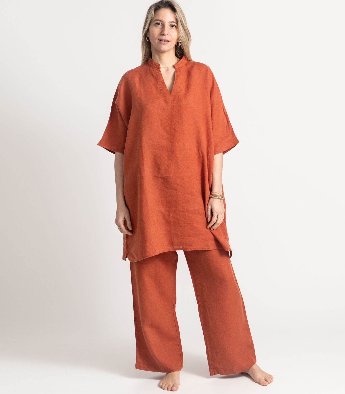 Bhumi Organic Cotton - Linen Kurta Pj Set - Rust 