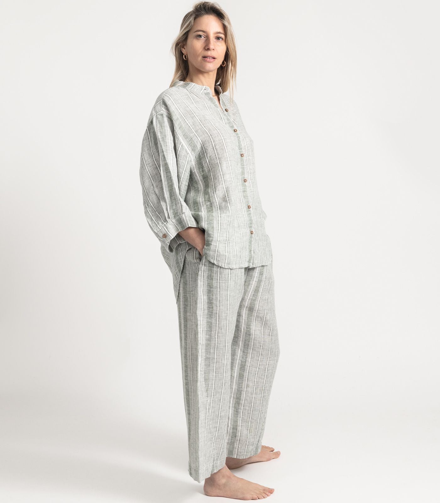 Bhumi Organic Cotton - Linen 3/4 Pj Set - Bronze Green Stripe