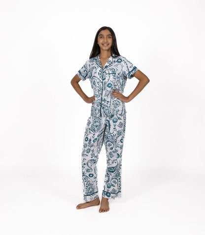 Bhumi Organic Cotton - Sateen Short Sleeve PJ Set - Floral - Peacock Green