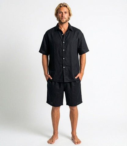 Men's Organic Linen Lounge Shirt - Black
