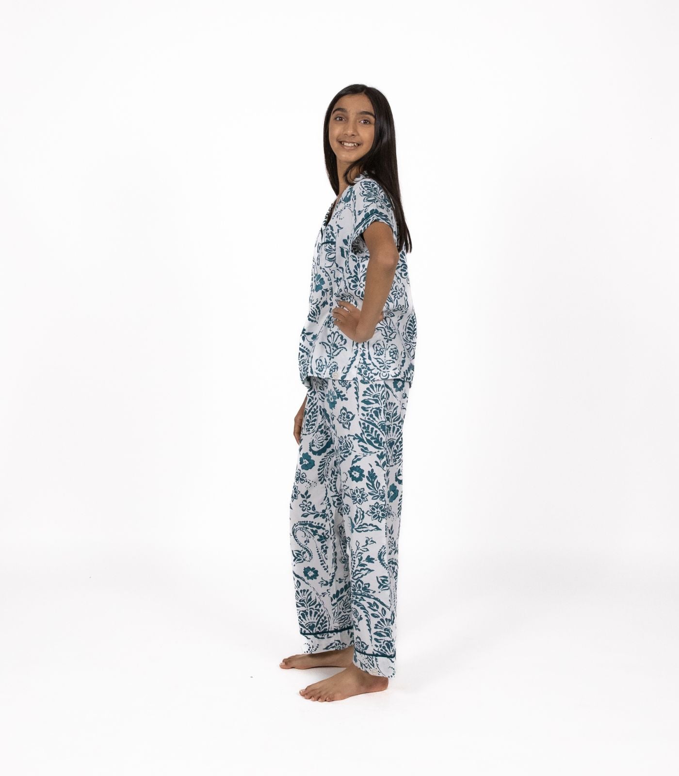 Bhumi Organic Cotton - Sateen Short Sleeve PJ Set - Floral - Peacock Green