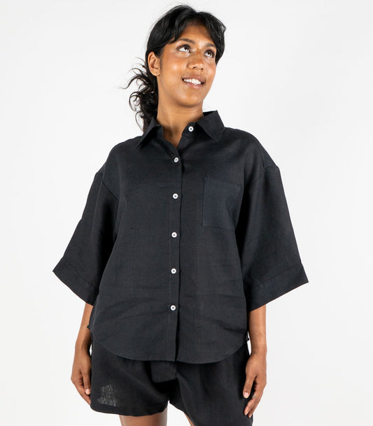 Organic Linen Lounge Shirt - Black