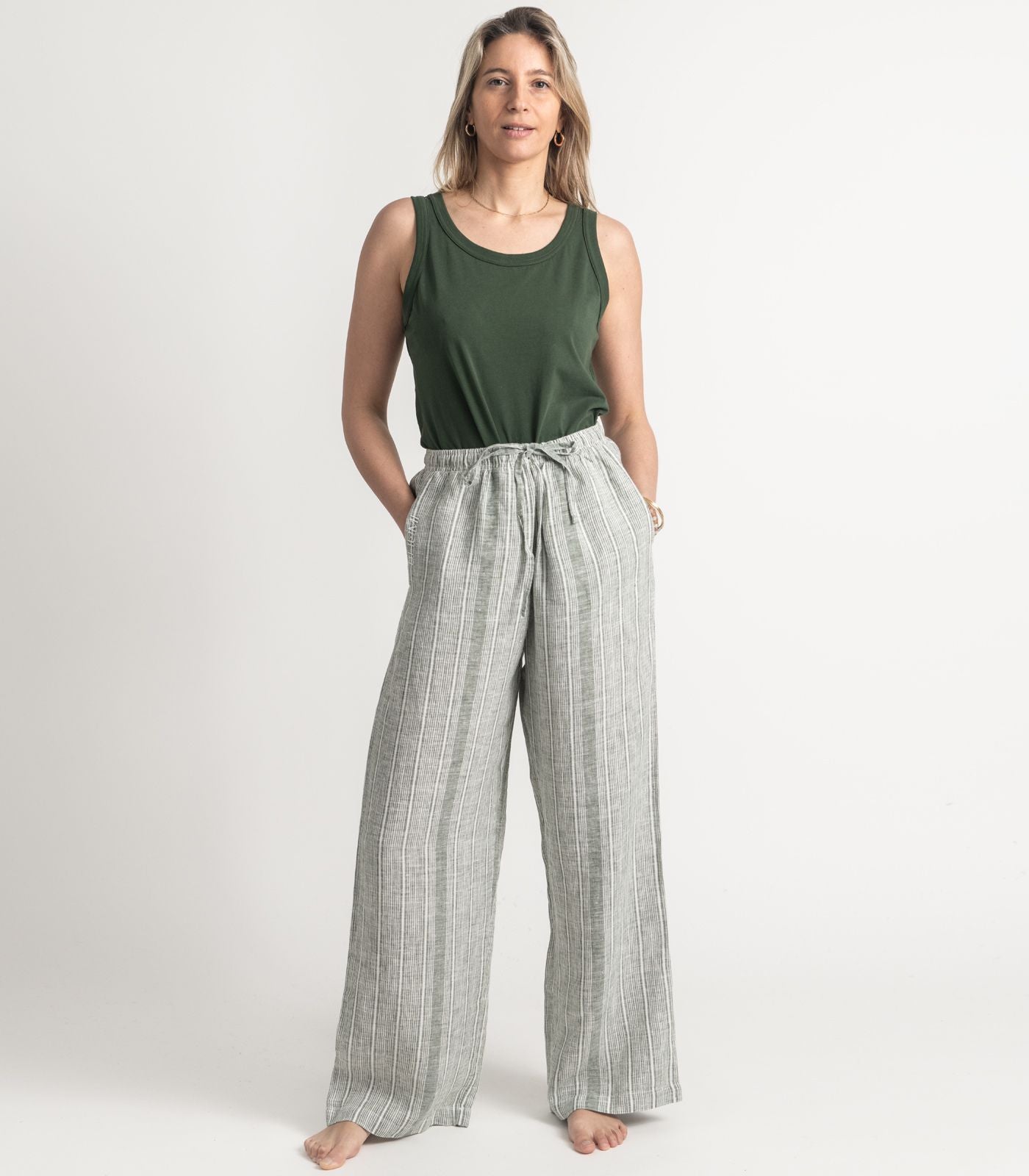 Bhumi Organic Cotton - Linen Pant - Bronze Green Stripe