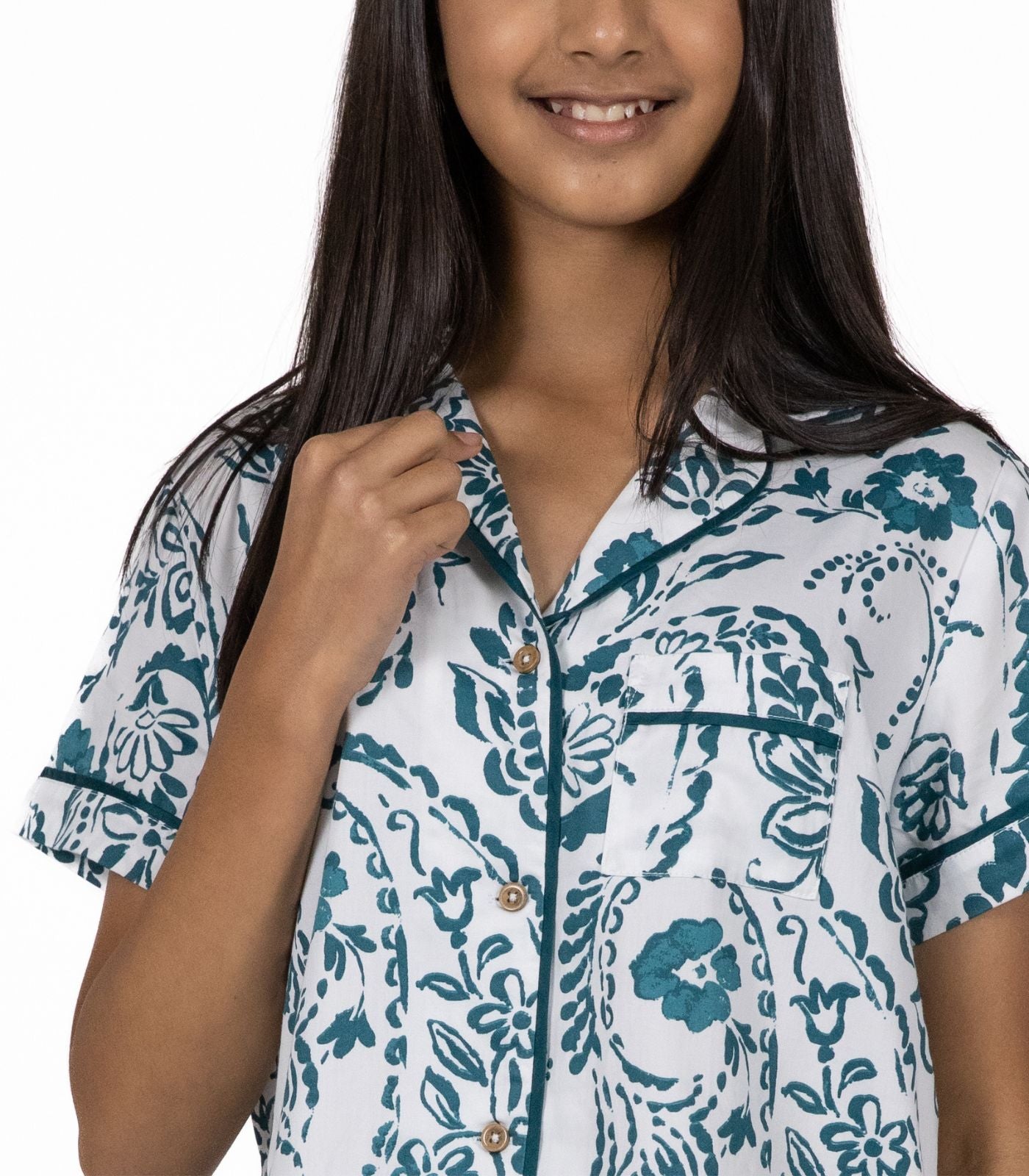 Bhumi Organic Cotton - Sateen Short Sleeve PJ Set - Floral - Peacock Green