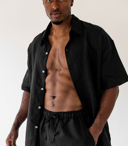Men's Organic Linen Lounge Shirt - Black