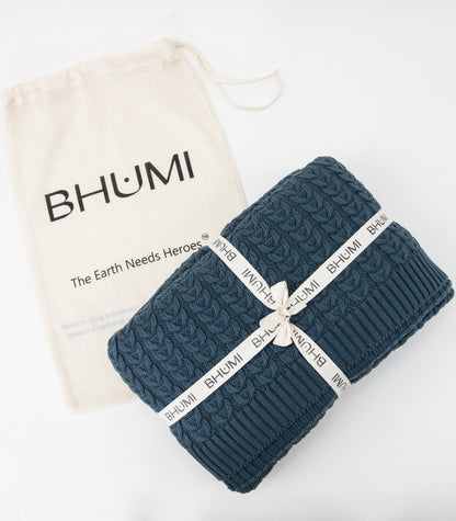 Bhumi Organic Cotton - Plait Cable Knit Throw - New Arrival - Orion Blue