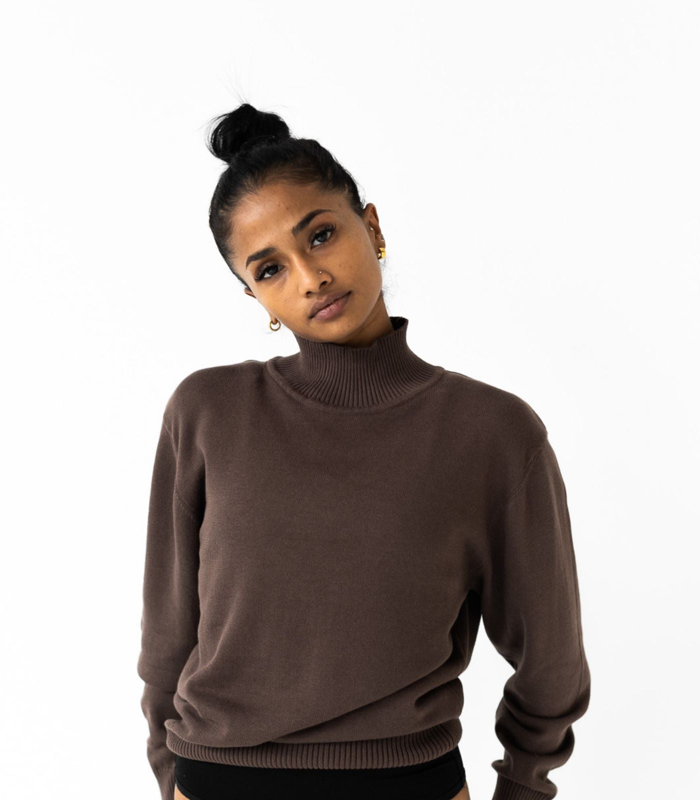 Bhumi Organic Cotton - Fine Knit High Neck Jumper - Chocolate