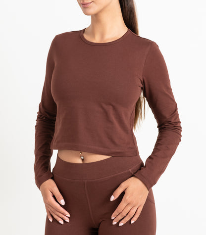 Long Sleeve Fitted Crop Top - Espresso