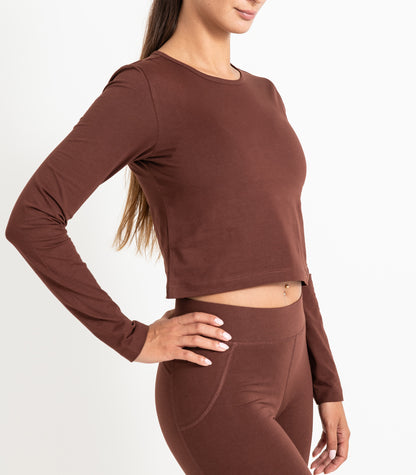 Long Sleeve Fitted Crop Top - Espresso