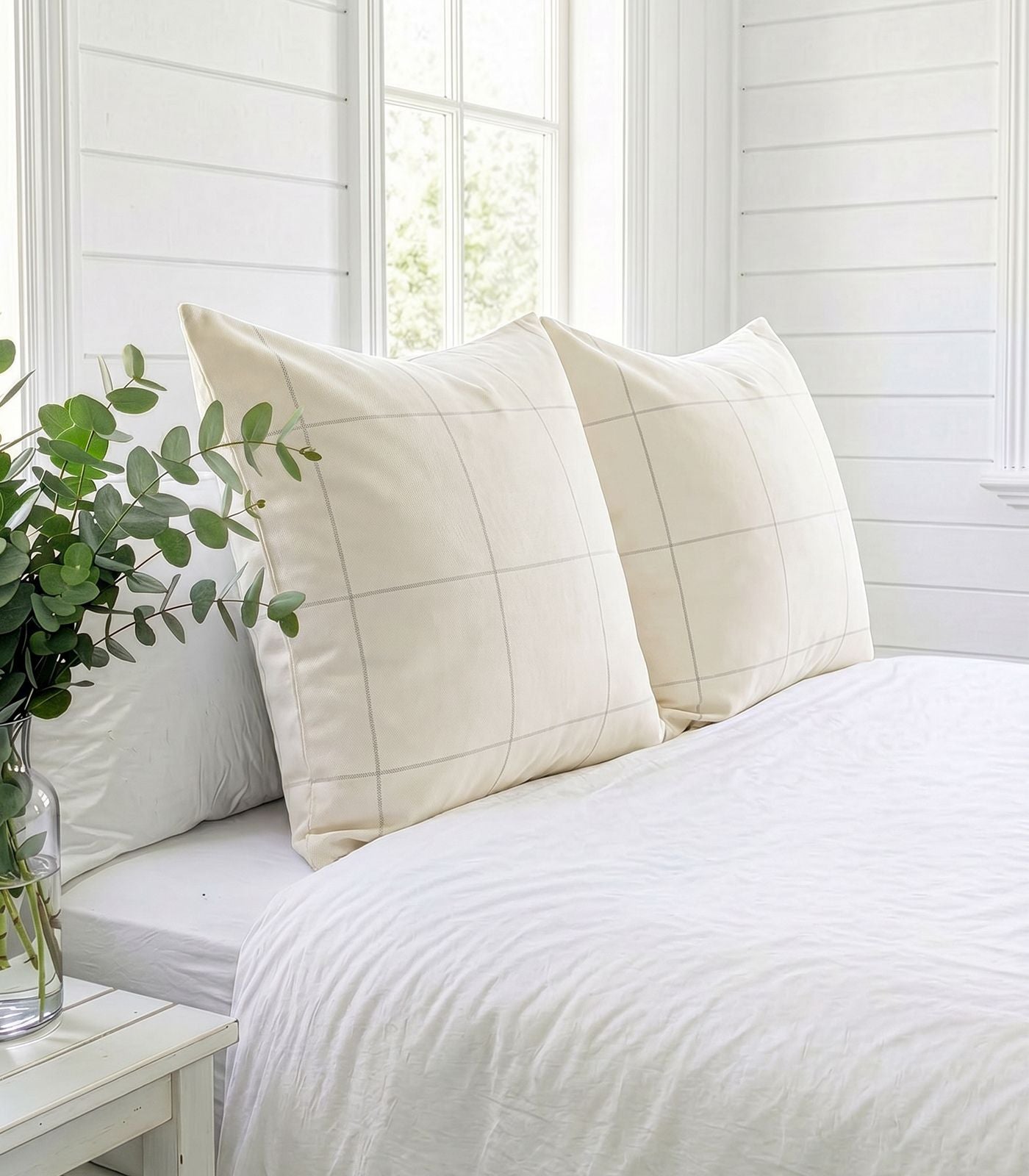Organic Cotton European - Flannelette Pillow Cases - Windowpane (pair) - Cream