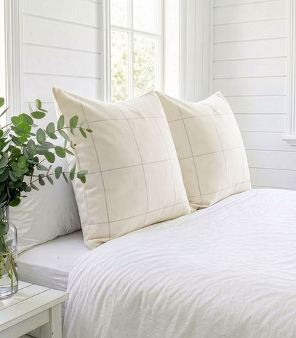 Organic Cotton European - Flannelette Pillow Cases - Windowpane (pair) - Cream