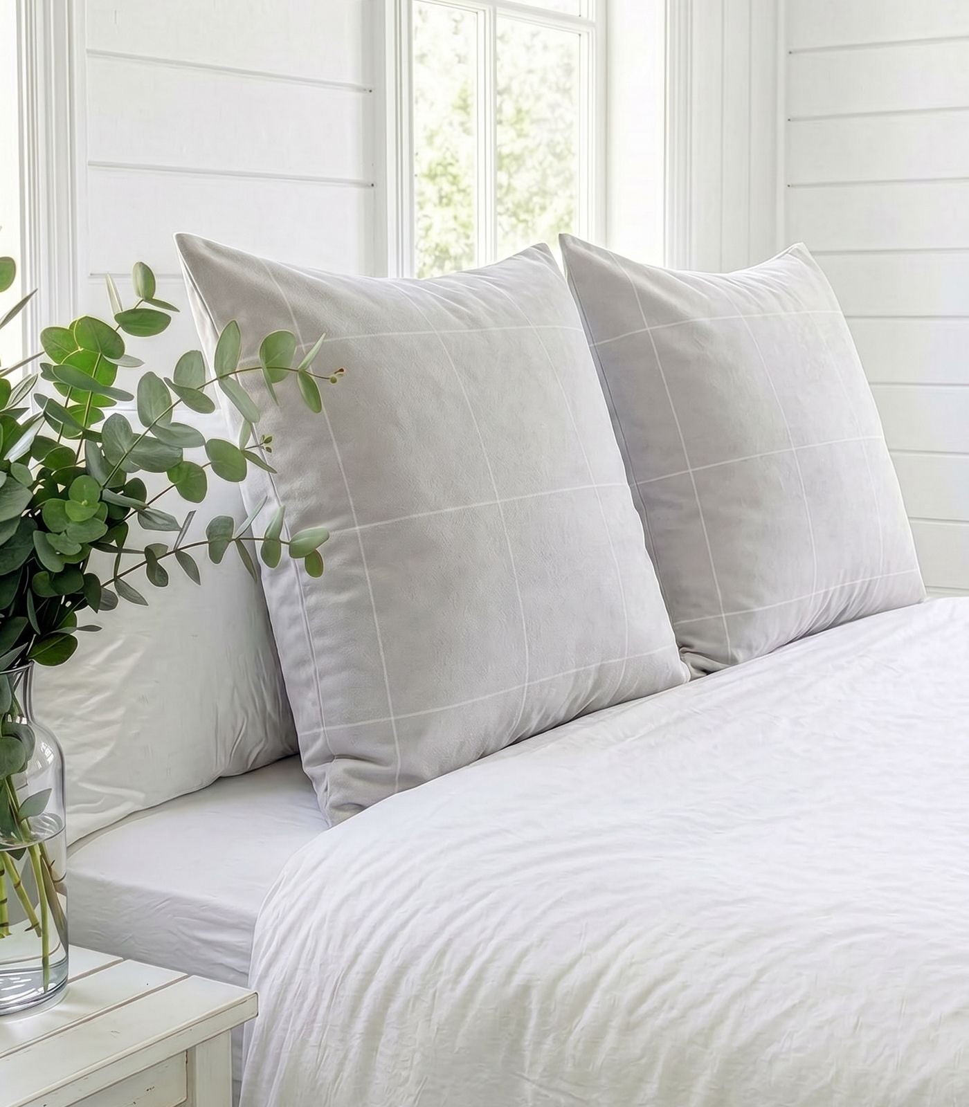 Organic Cotton European - Flannelette Pillow Cases - Windowpane (pair) - Light Grey
