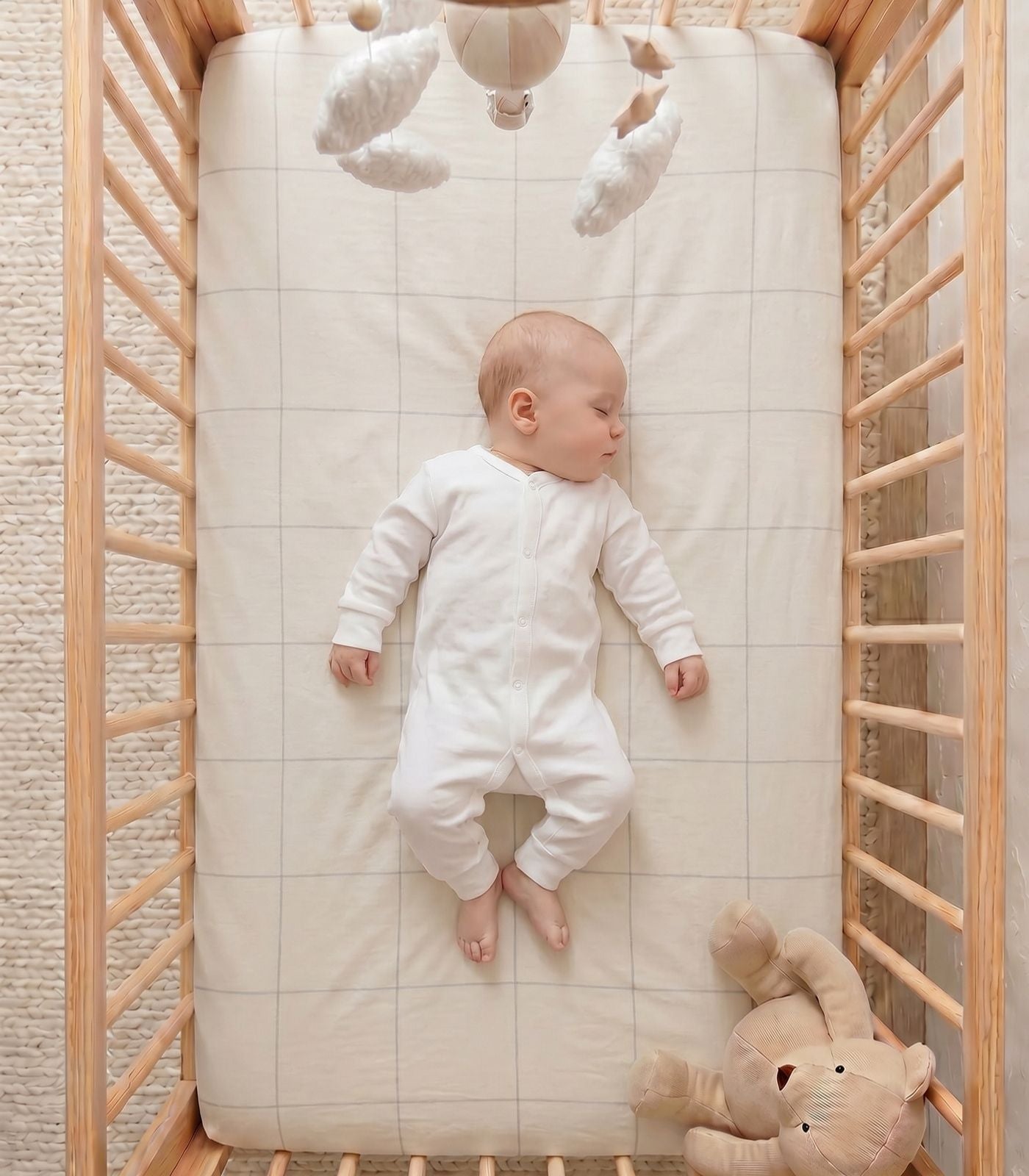 Organic Cotton Fitted - Flannelette Cot Sheet - Windowpane - Cream